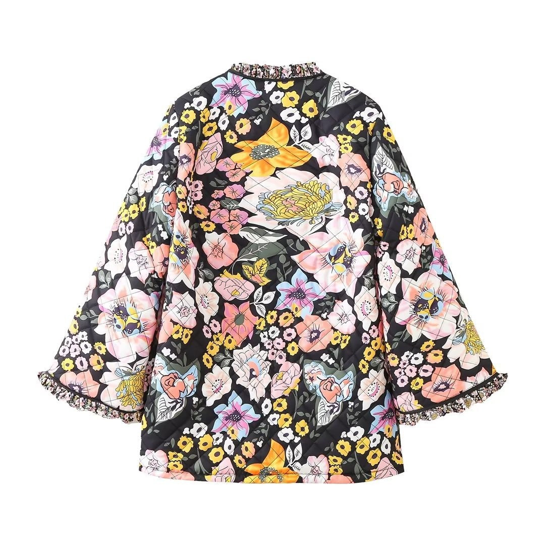 Fashion Women Printed Spliced Coat Long Sleeve Thick Warm Cotton Jacket  Elegant Autumn Winter Casual Streetwear - KAISERINC