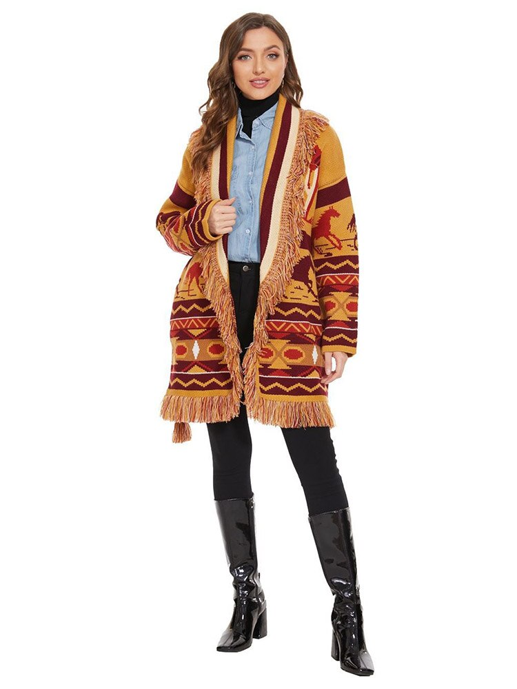 WQJGR Autumn Winter Cardigan Sweater Women Wool Kniited Tassel Geometric patterns Loose Full Sleeve High Quality Jacket Female