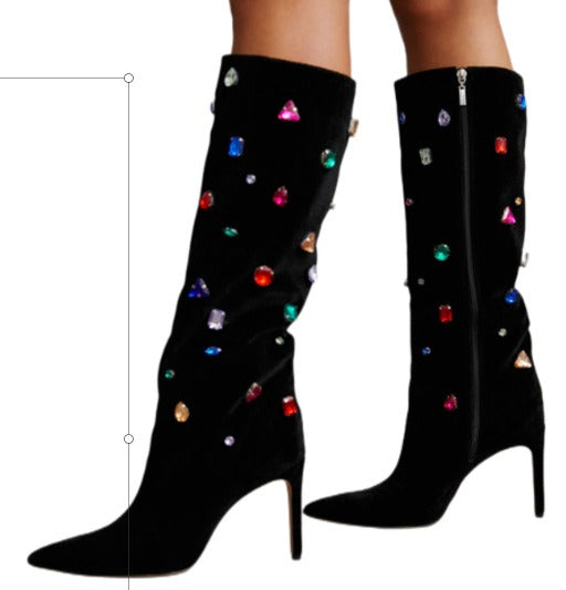 Black High Heel Crystal Decor Knee High Boots For Women Sexy Ladies Autumn Winter Flock Pointed Toe Boots Party Shoes Woman - KAISERINC