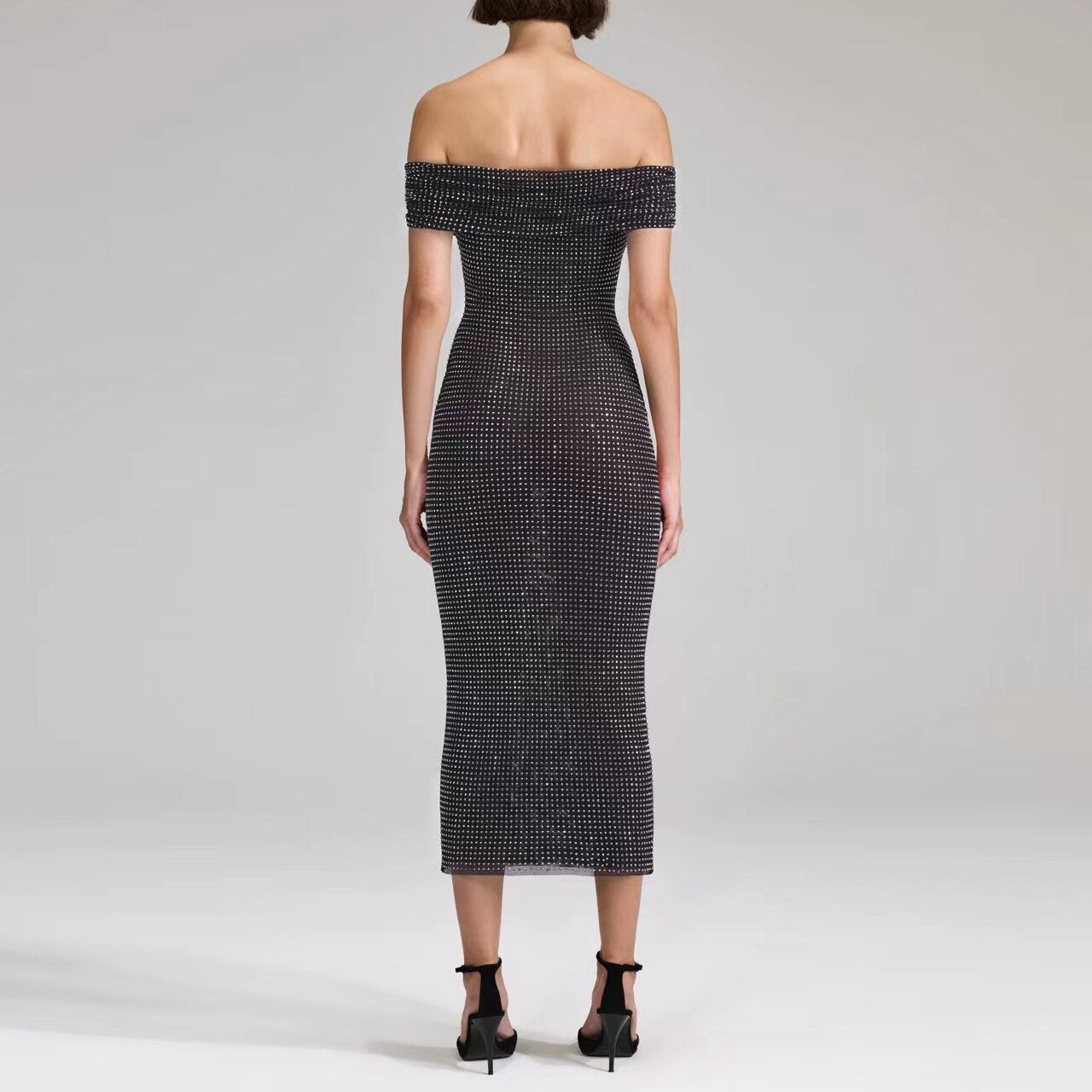 Heavy hot drilling midi dress women Slash neck sexy slim long dress - KAISERINC