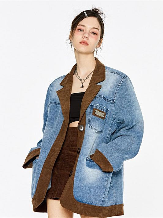 Denim Splice Suit Vintage Sand Wash Silhouette Corduroy American Suit Coat - KAISERINC