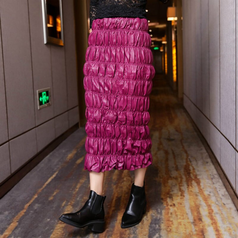 Pack Hip Skirt Women's Autumn And Winter New Leather Slim Skirt Sheepskin Purple Long Skirt Bubble Skirt - KAISERINC