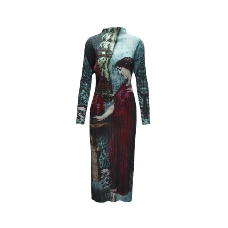 Spring New Pleated Dress Women's Retro Print Casual Personality Long Sleeve Mid-Length Dress