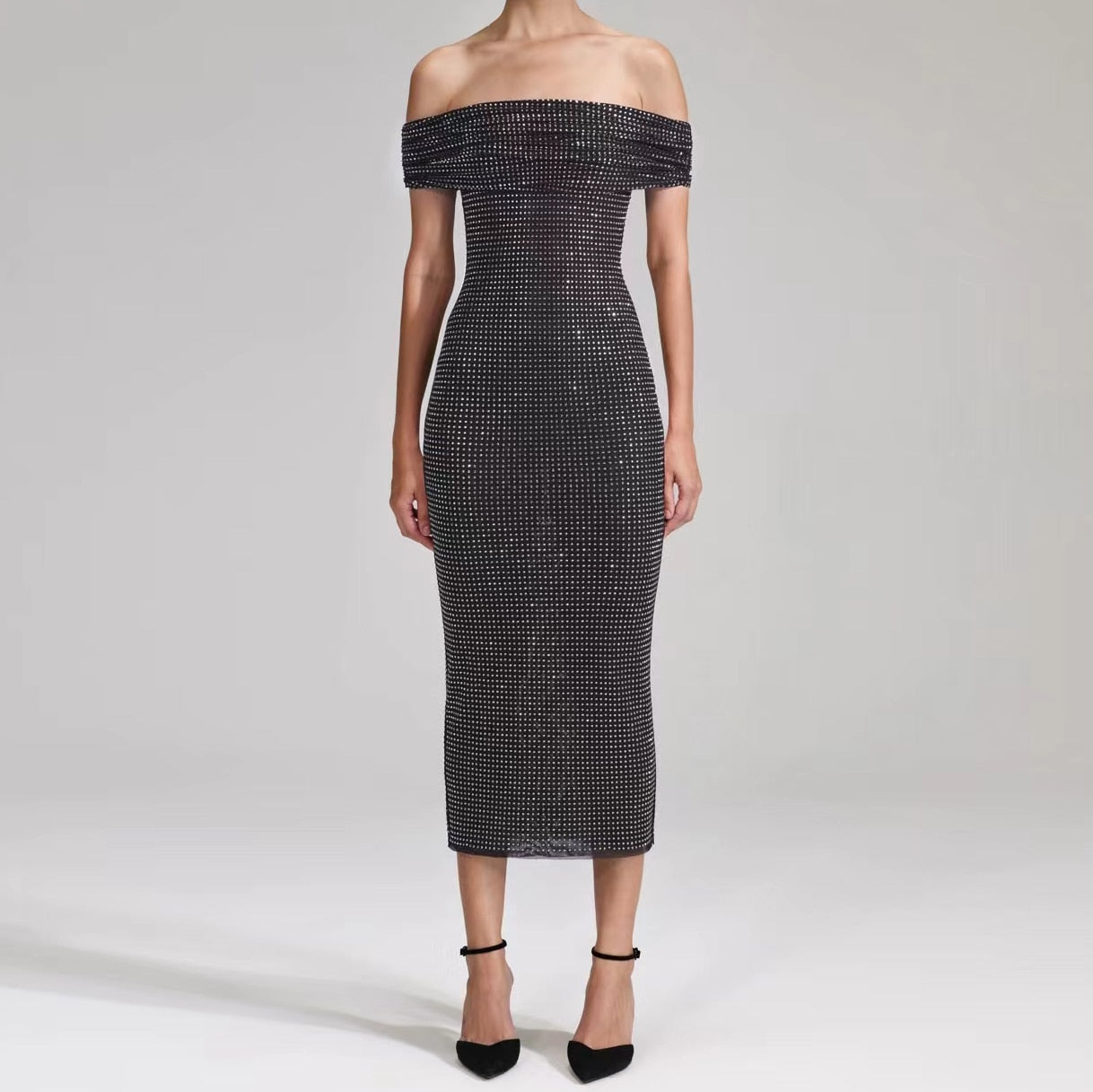 Heavy hot drilling midi dress women Slash neck sexy slim long dress - KAISERINC