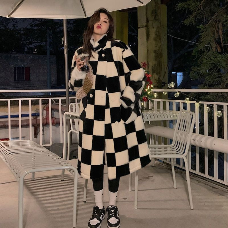 Jackets Women Long Style Plaid Harajuku All-match Double Breasted Design Daily Elegant Feminino Outwear Ins Stand Collar Simple - KAISERINC