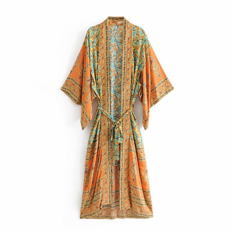 Spring/Summer Women's New Positioning Print Ankle Kimono Robe Yellow - KAISERINC