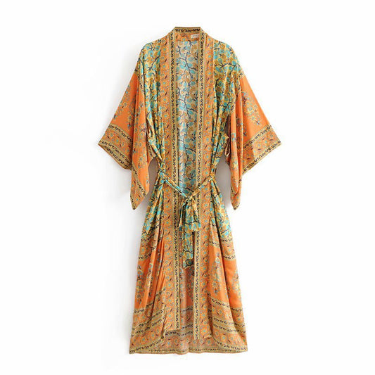 Spring/Summer Women's New Positioning Print Ankle Kimono Robe Yellow - KAISERINC