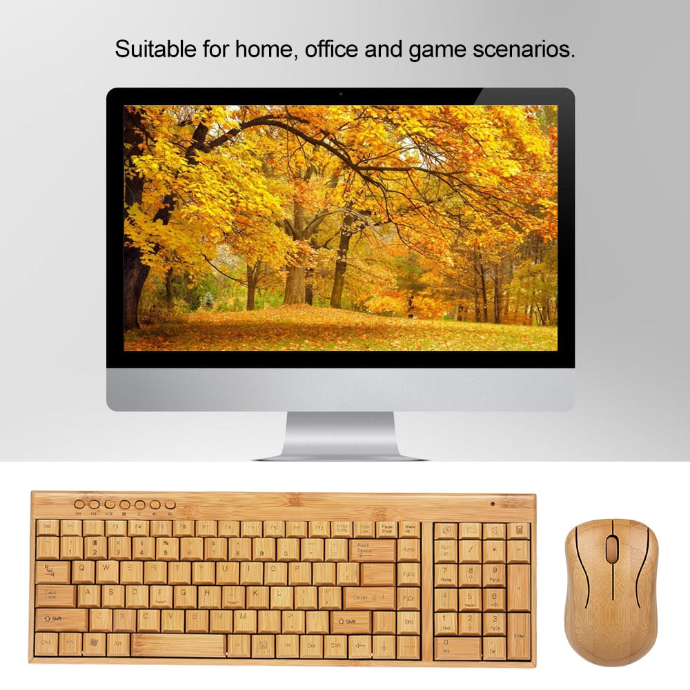 2.4G Wireless Bamboo PC Keyboard and Mouse Combo Combos Computer Keyboard Mice Office Handcrafted Natural Wooden Plug and Play - KAISERINC