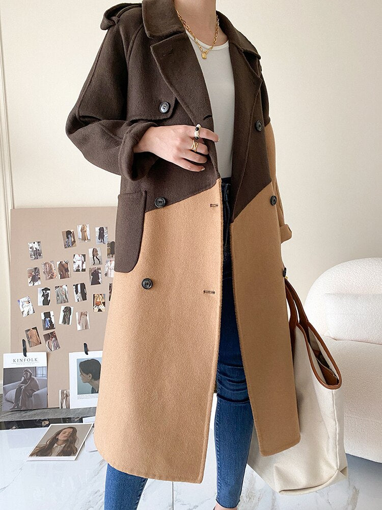 Loose Fit Khaki Color-block Big Size Woolen Coat Parkas New Long Sleeve Women Fashion Trend Autumn Winter - KAISERINC