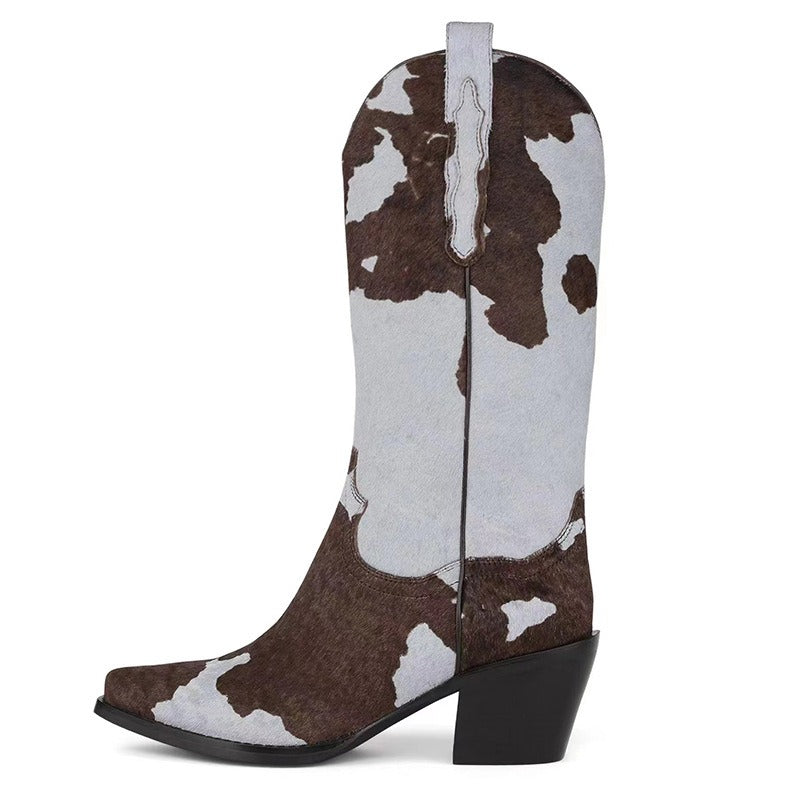 Knee-Length Elastic Rider Boots Round Heel Square Toe Western Boots Plus Size Knee-High Women's Boots - KAISERINC