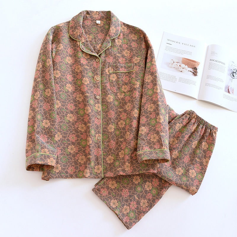 spring and summer women's pajamas suit long-sleeved trousers two-piece 100% cotton crepe flower leaves home clothes - KAISERINC