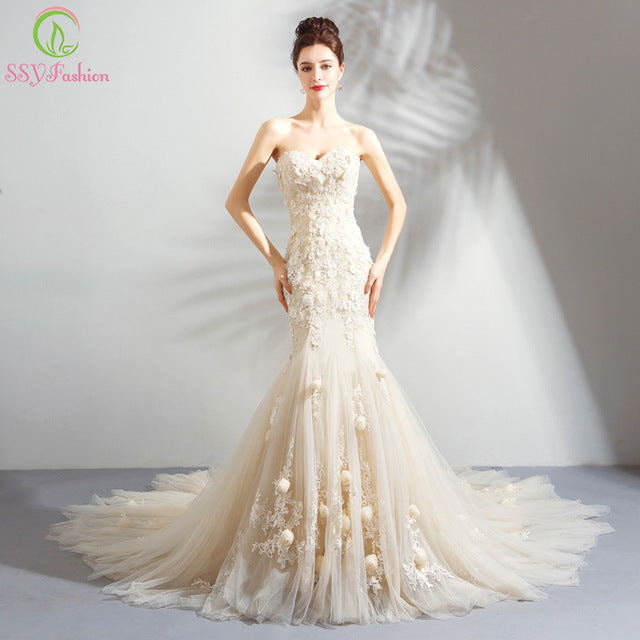 Romantic Light Champagne Mermaid Wedding Dress Sweetheart Lace Flower Fishtail Wedding - KAISERINC