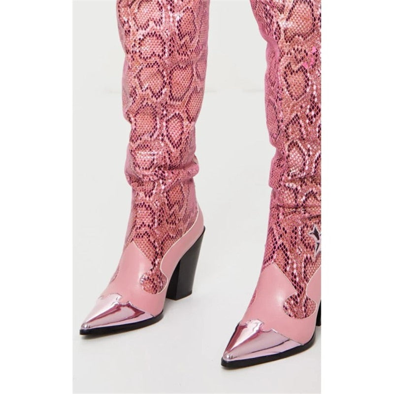 Women's Over-the-knee Boots Winter Pointed Toe Crude Heel Slip-on Botas Mujer Fashion Pink Snake Skin Hand-made Sexy Shoes - KAISERINC
