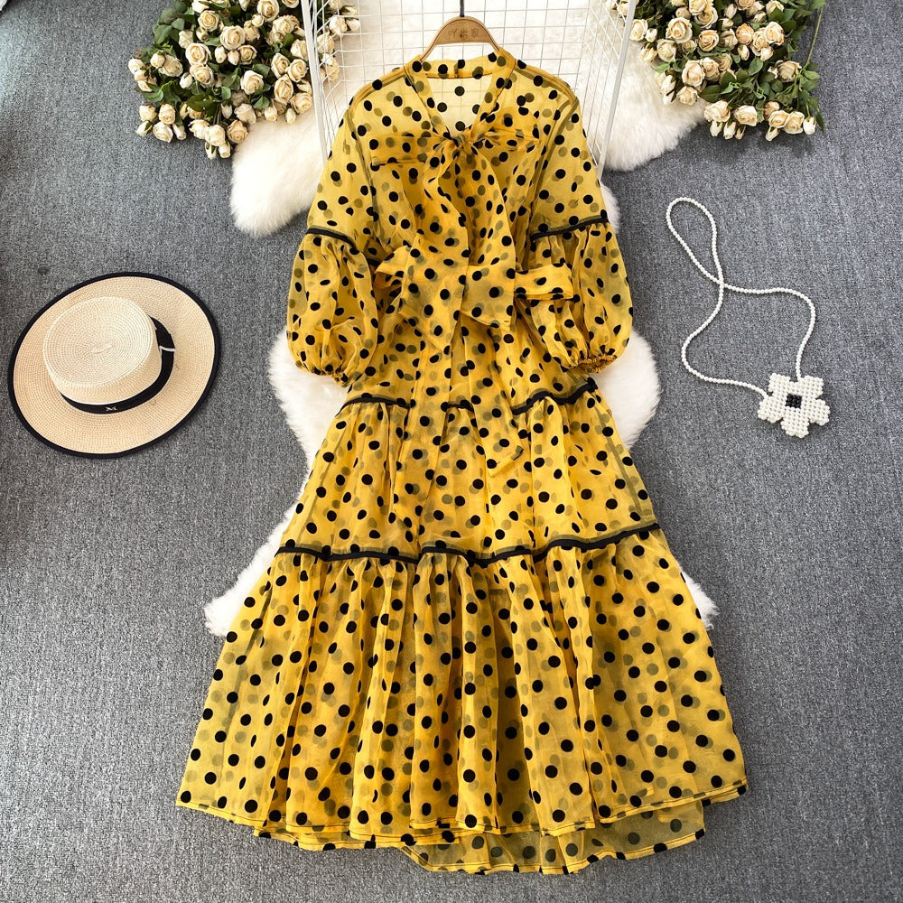 Polka Dot Two Piece Sets For Women Pullover Vest Bow Collar Lantern Sleeve Tunic Dress Casual Set Female Clothing - KAISERINC