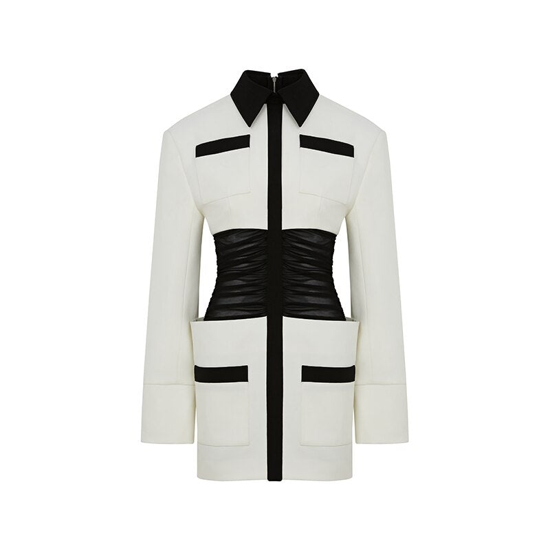 Black And White Collision Color Slim Modern Retro Sexy Black Mesh Waist Dress - KAISERINC