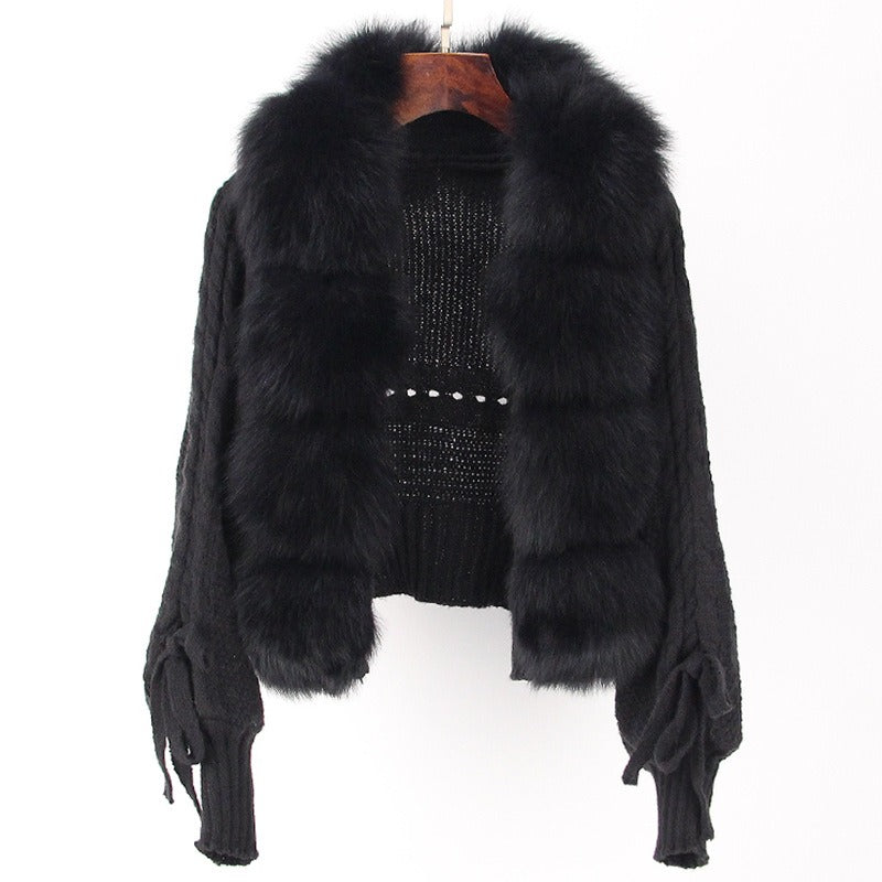 New Fashion Short Warm Loose Knitted Jacket with Natural Fur Placket Coat - KAISERINC