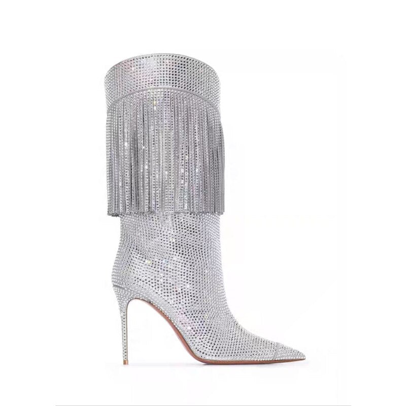 Autumn New Women's Pointed Toe Rhinestone Boots Silver Tassel Stiletto Suede Boots Black Super High Heels 34-43 Size - KAISERINC