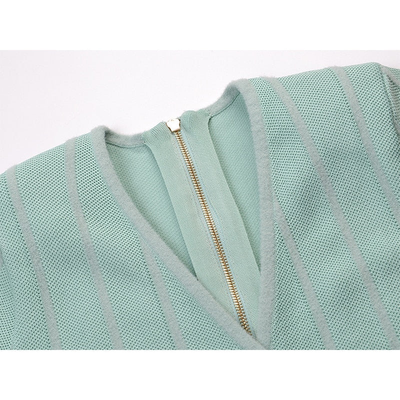 Euorpean Stylish Women Luxury Design V-neck Long Slevee Fall Lady Knit A-line Dress - KAISERINC