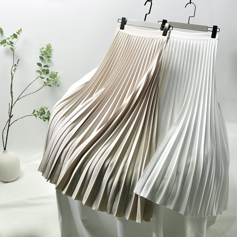 Women A-Line Spring Pleated Skirt Elegant High Waist Long Skirt - KAISERINC