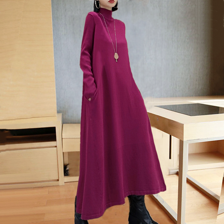 Autumn And Winter New Semi High Collar Cashmere Dress Long Sleeve Loose Oversize Wool Skirt Long Knee Length Knitted Wool Dress - KAISERINC