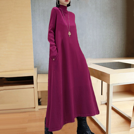 Autumn And Winter New Semi High Collar Cashmere Dress Long Sleeve Loose Oversize Wool Skirt Long Knee Length Knitted Wool Dress - KAISERINC