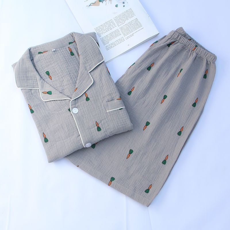 Women Cotton Pajama Sets Carrot Print Pattern Long Sleeve Shirt+trousers Soft Sleepwear Set Nightie Home Clothes Autumn - KAISERINC