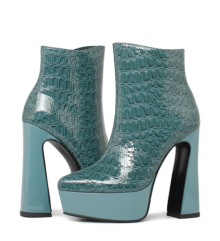 New Brand Women's Shoes Sexy High Heels Thick Platform Black Blue Genuine Patent Leather Dress Party Working Short Boots - KAISERINC