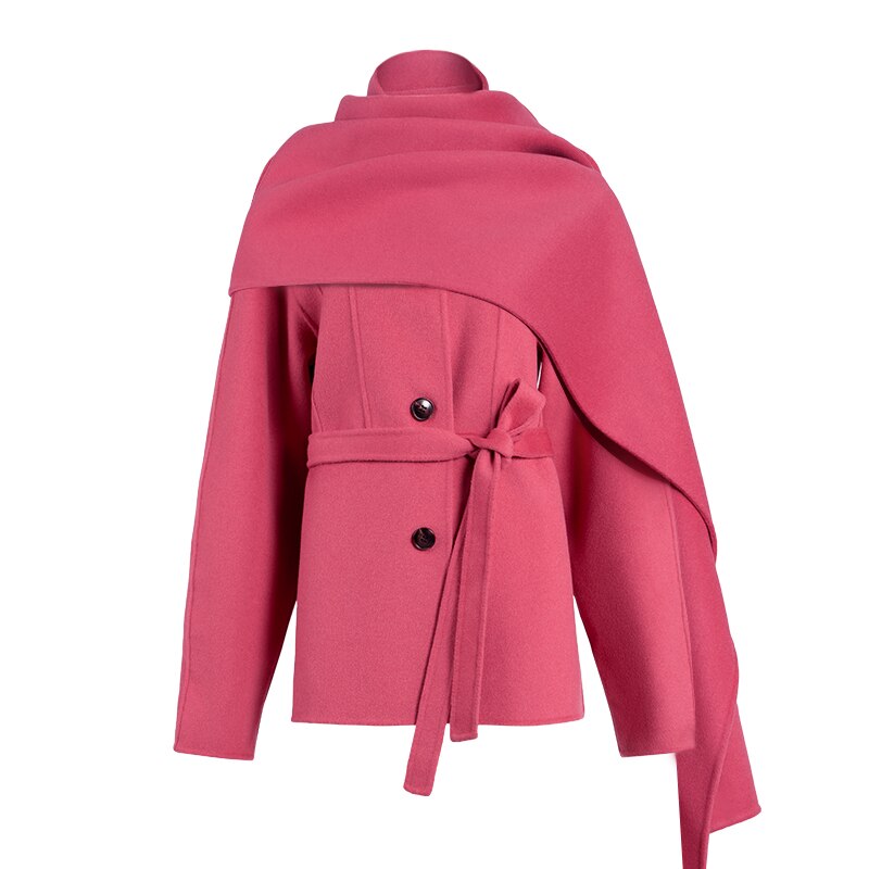 100% Wool Woolen Coat With Belt Spring Autumn Jacket For Women Solid With Scarf Warm Fashion Streetwear - KAISERINC