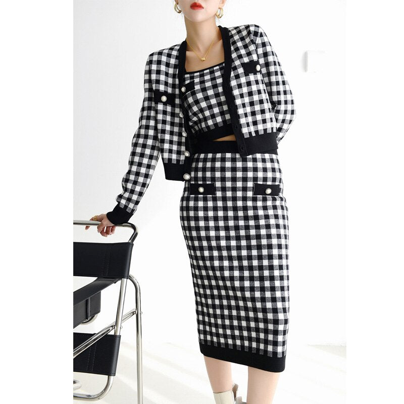 Fashion Top Quality 3 Piece Sweater Set Women Clothing Plaid Pattern 3 Colors Knitting Suit for Lady