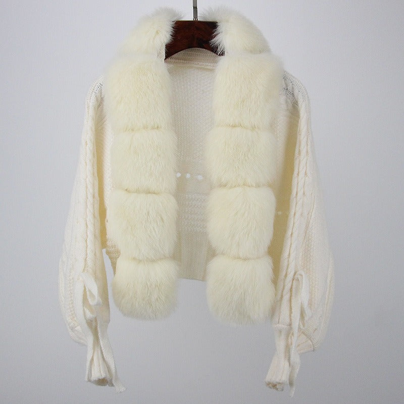 New Fashion Short Warm Loose Knitted Jacket with Natural Fur Placket Coat - KAISERINC