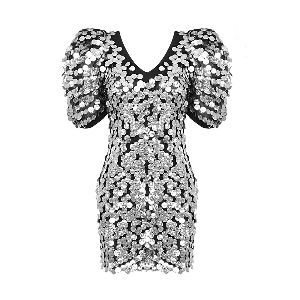 Sliver Sequins Mini Dress Women Short Sleeve V Neck Evening Celebrity Party Dress Summer  New Trendy - KAISERINC