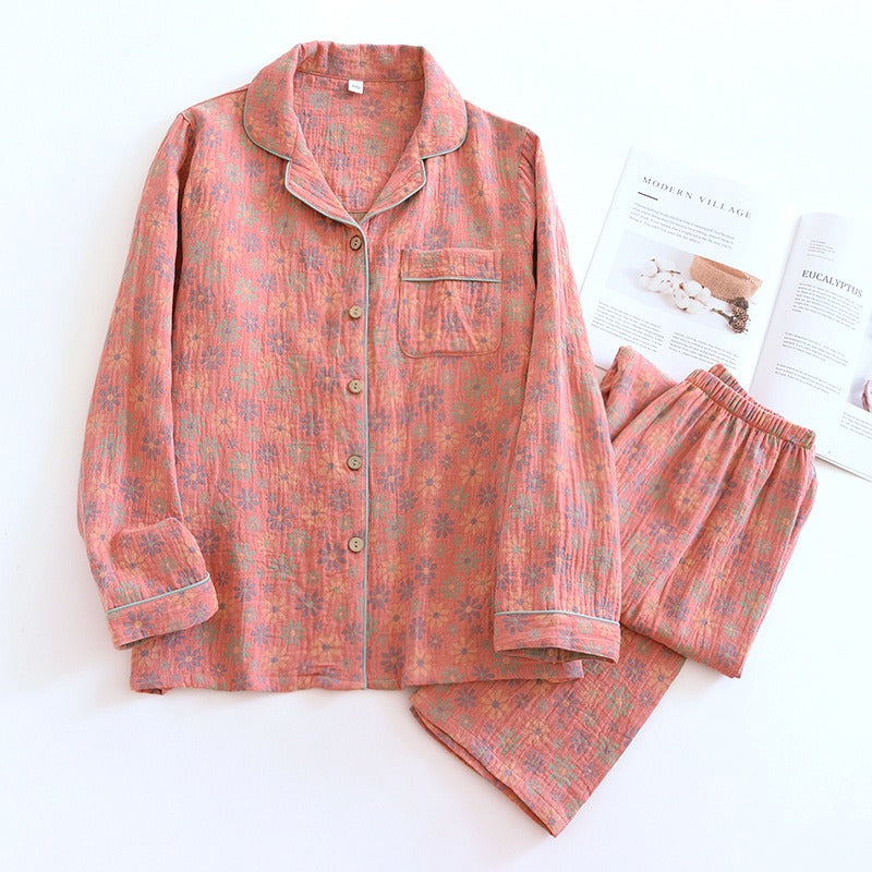 spring and summer women's pajamas suit long-sleeved trousers two-piece 100% cotton crepe flower leaves home clothes - KAISERINC