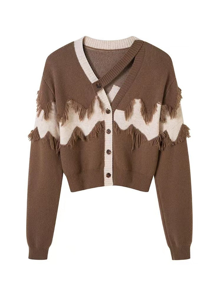 Patchwork Tassel Knitting Sweaters For Women V Neck Long Sleeve Hit Color Casual Loose Sweater Female Fashion - KAISERINC