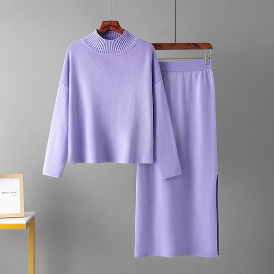 2 Pieces Knit Sets Women Maxi Skirt Tracksuits Winter Warm Turtleneck Sweater + Long Midi Straight Skirt Two Pieces Sets - KAISERINC