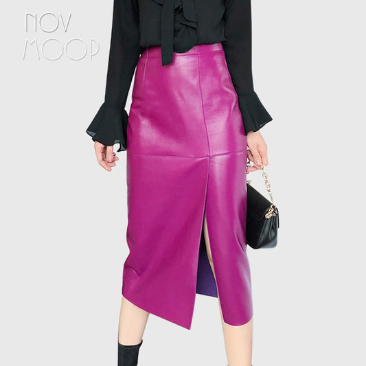 Real Leather Leather Skirt Spring New Sheepskin Fanny Pack Hip Skirt Slit Over The Knee Skirt For Women - KAISERINC