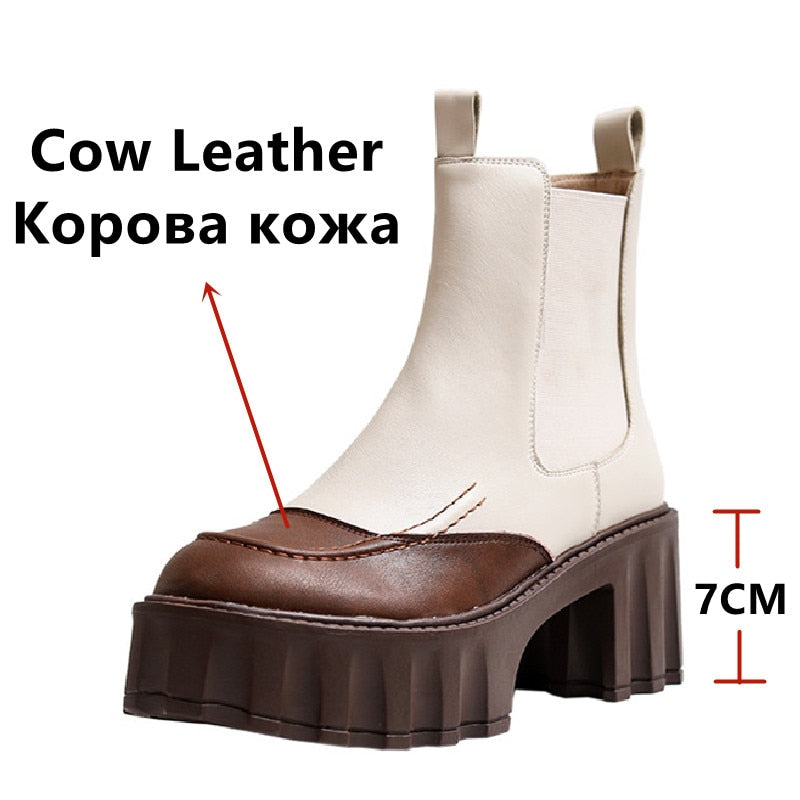 Women Thick Heels Ankle Boots Fashion Mixed Colors Genuine Leather Platforms Shoes Autumn Winter Working Casual - KAISERINC