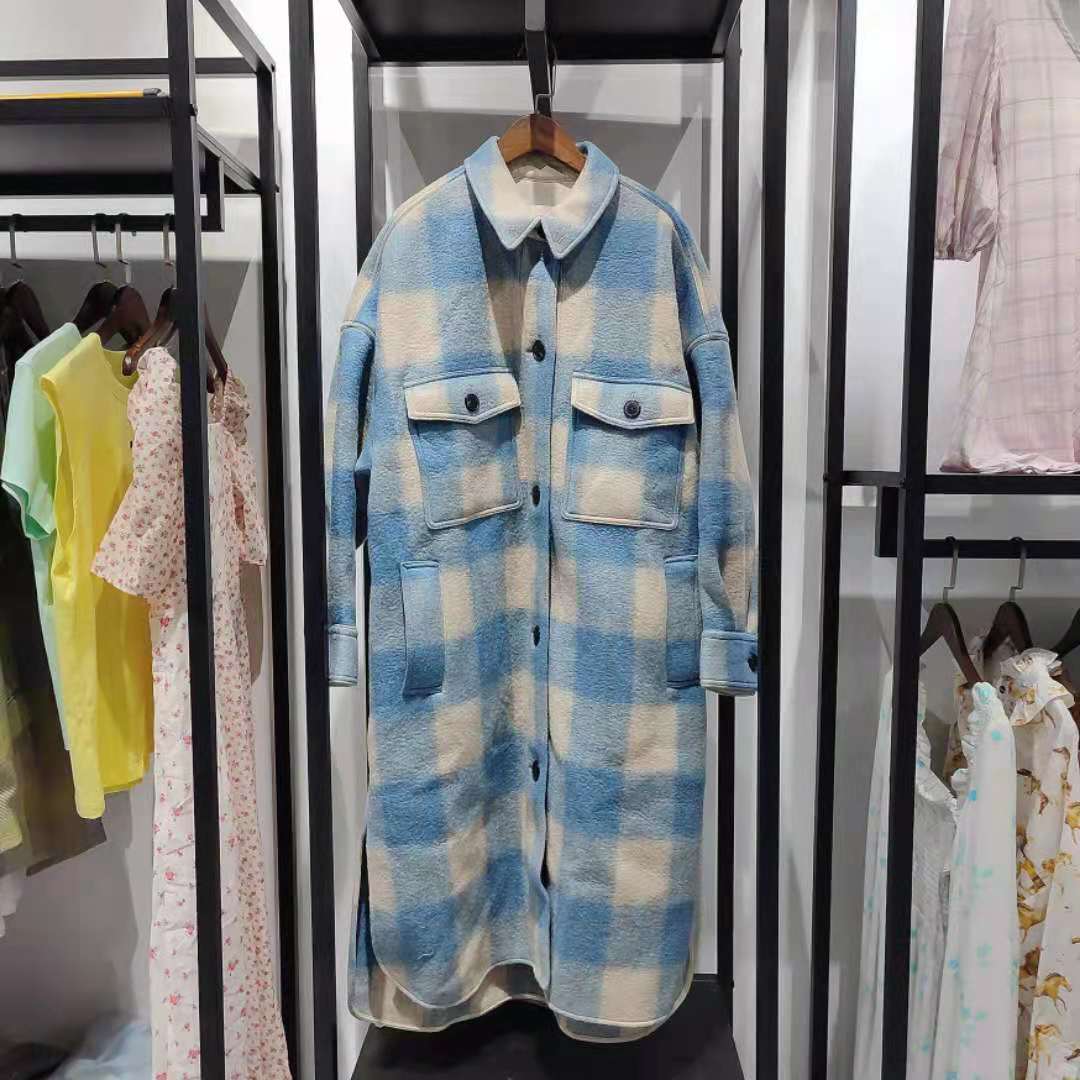 Back Logo Women Woolen Mid-Length Coat Winter Single-Breasted Ladies Plaid Long Sleeve Outwear Tops with Double Pockets - KAISERINC
