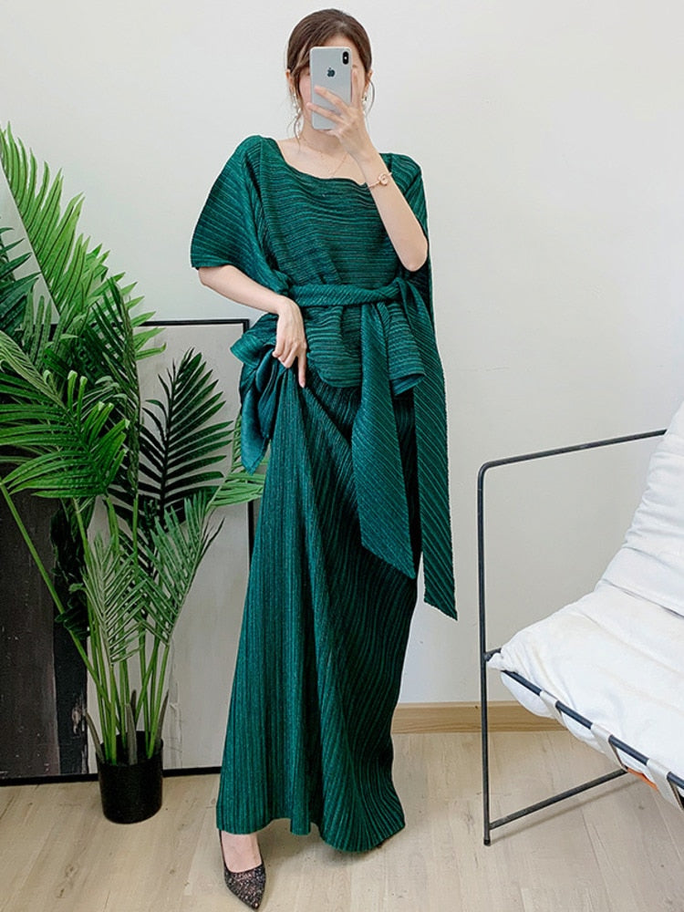 Two Pieces Pleated Skirt Set For Women Batwing Sleeves Loose Top With Long Length Skirts Female Elegant Clothing - KAISERINC