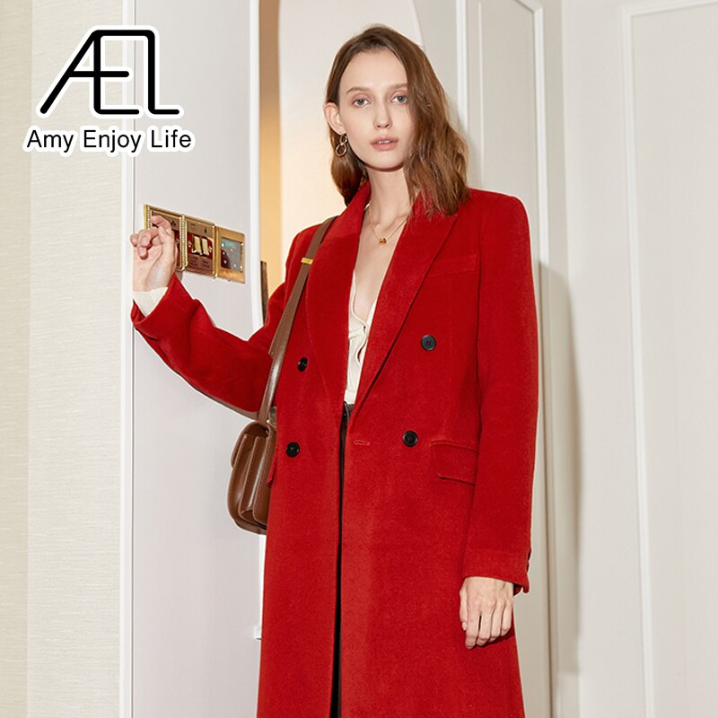 Red Double Breasted Vintage Loose Long Suit Woolen Coat - KAISERINC