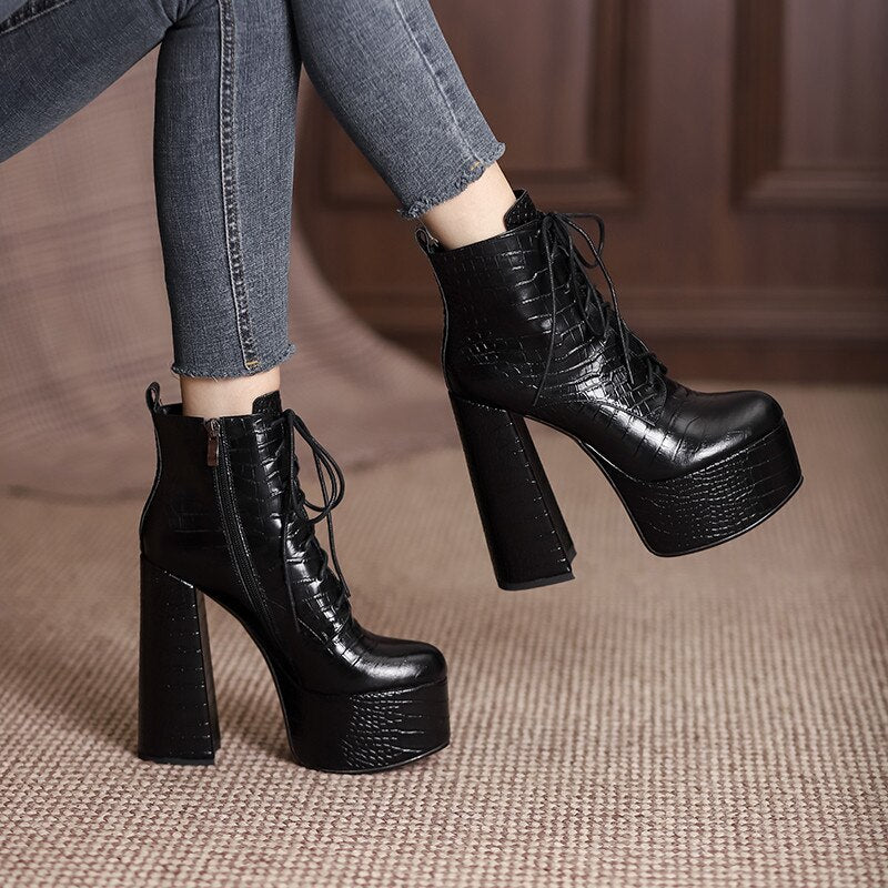 Elegant Mature Women Ankle Boots Cross-Tied Platforms Genuine Leather High Heels Party Office Autumn Winter Shoes - KAISERINC