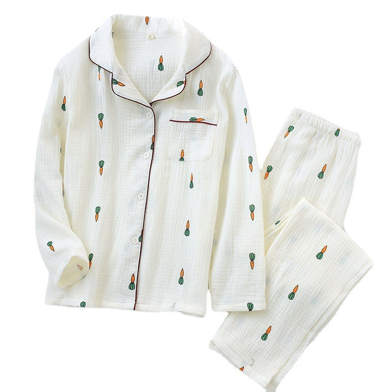 Women Cotton Pajama Sets Carrot Print Pattern Long Sleeve Shirt+trousers Soft Sleepwear Set Nightie Home Clothes Autumn - KAISERINC