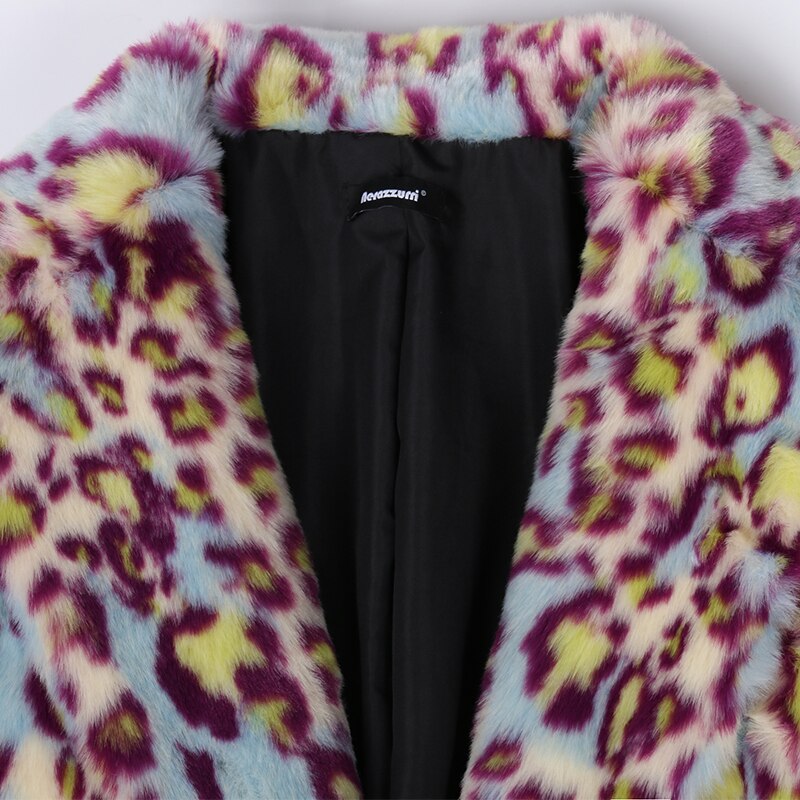 Nerazzurri Winter Extra Long Colorful Warm Thick Fluffy Leopard Print Faux Fur Trench Coat for Women Runway European Fashion - KAISERINC