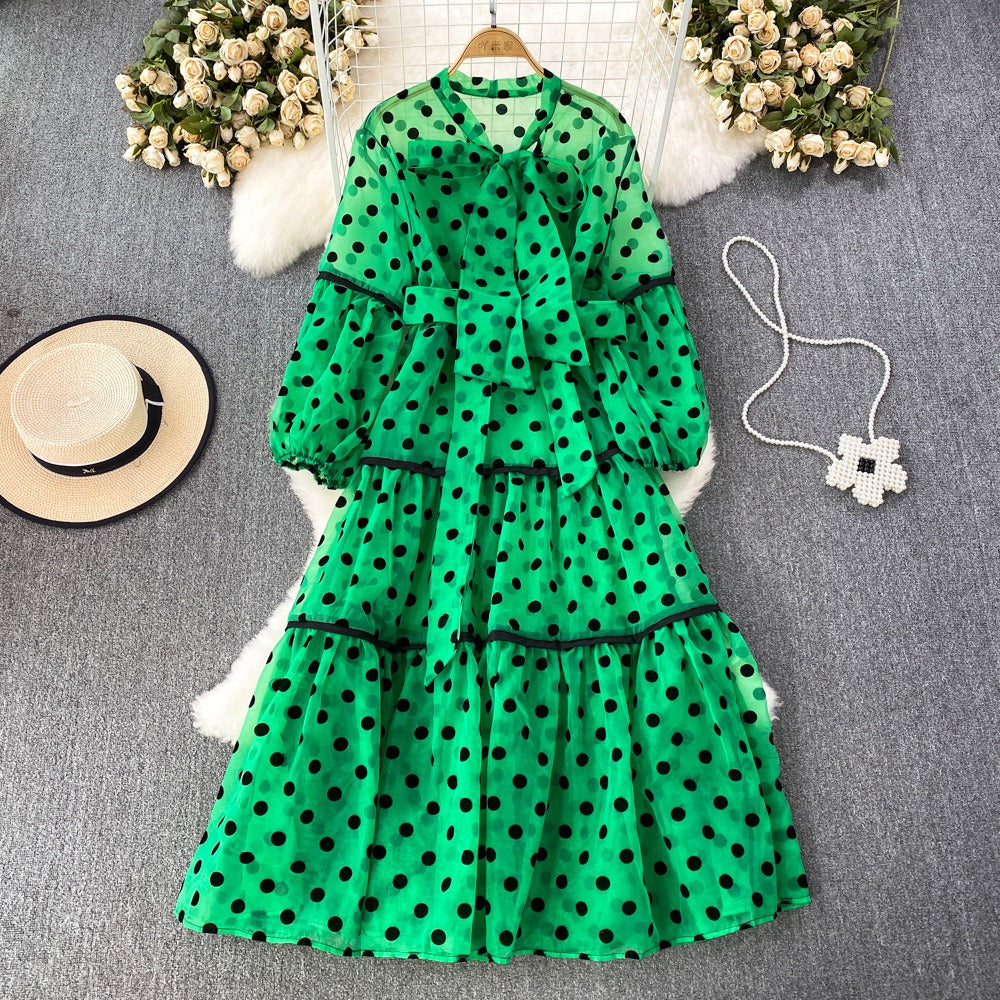 Polka Dot Two Piece Sets For Women Pullover Vest Bow Collar Lantern Sleeve Tunic Dress Casual Set Female Clothing - KAISERINC
