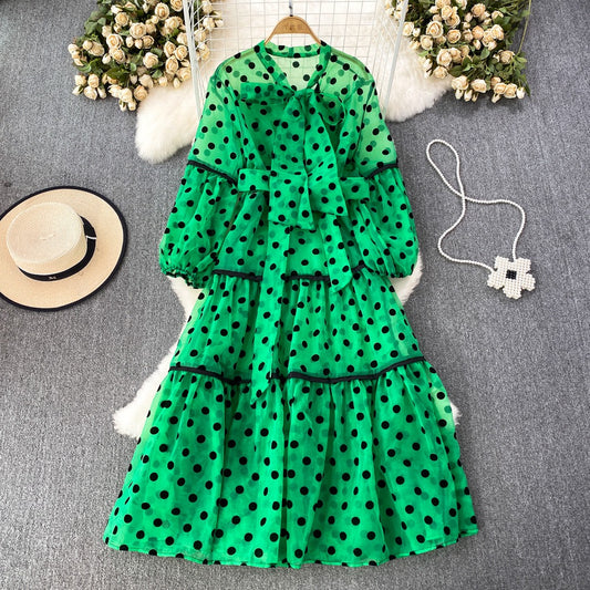 Polka Dot Two Piece Sets For Women Pullover Vest Bow Collar Lantern Sleeve Tunic Dress Casual Set Female Clothing - KAISERINC