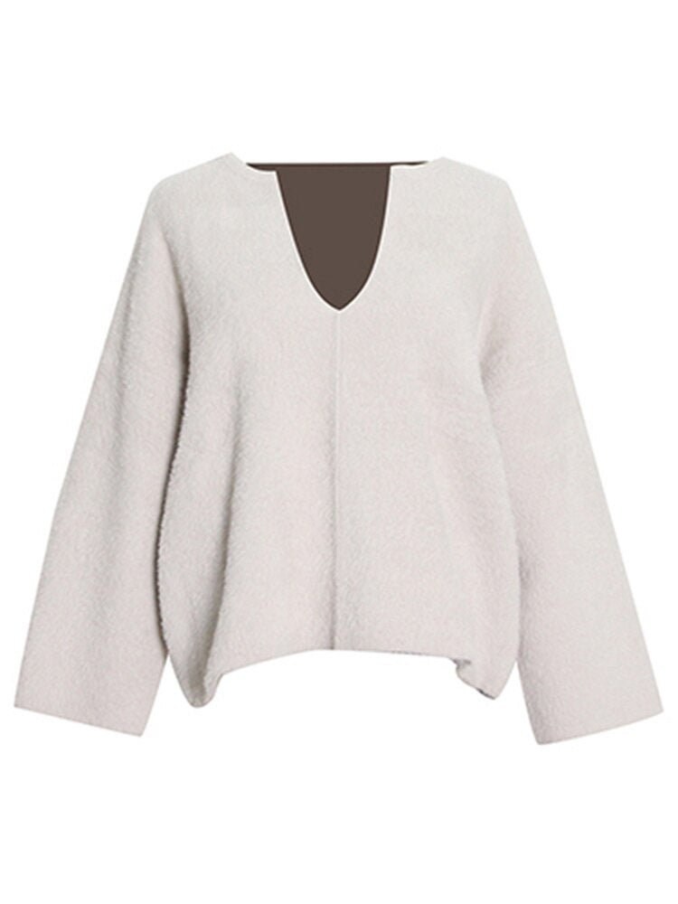 Solid Minimslist Pullover Sweater for Women V Neck Long Sleeve Straight Kintting Sweaters Female Clothing Fashion New