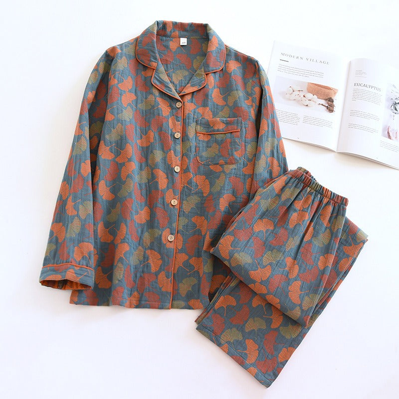 spring and summer women's pajamas suit long-sleeved trousers two-piece 100% cotton crepe flower leaves home clothes - KAISERINC