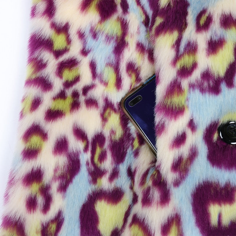 Nerazzurri Winter Extra Long Colorful Warm Thick Fluffy Leopard Print Faux Fur Trench Coat for Women Runway European Fashion - KAISERINC