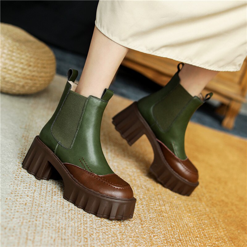 Women Thick Heels Ankle Boots Fashion Mixed Colors Genuine Leather Platforms Shoes Autumn Winter Working Casual - KAISERINC