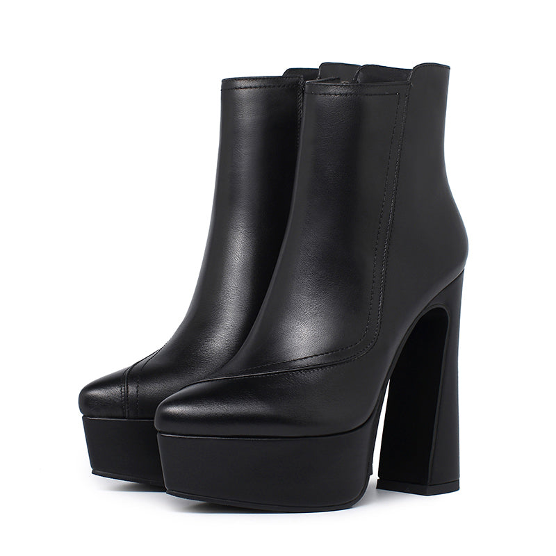 High Heels Women's First Layer Cowhide Leather Pointed Toe Martin Boots Thick Heel Super High Heel 14 Cm - KAISERINC