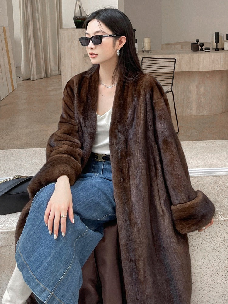 Winter Long Vintage Elegant Luxury Chic Thick Warm Soft Brown Fluffy Faux Mink Fur Coat Women V Neck - KAISERINC